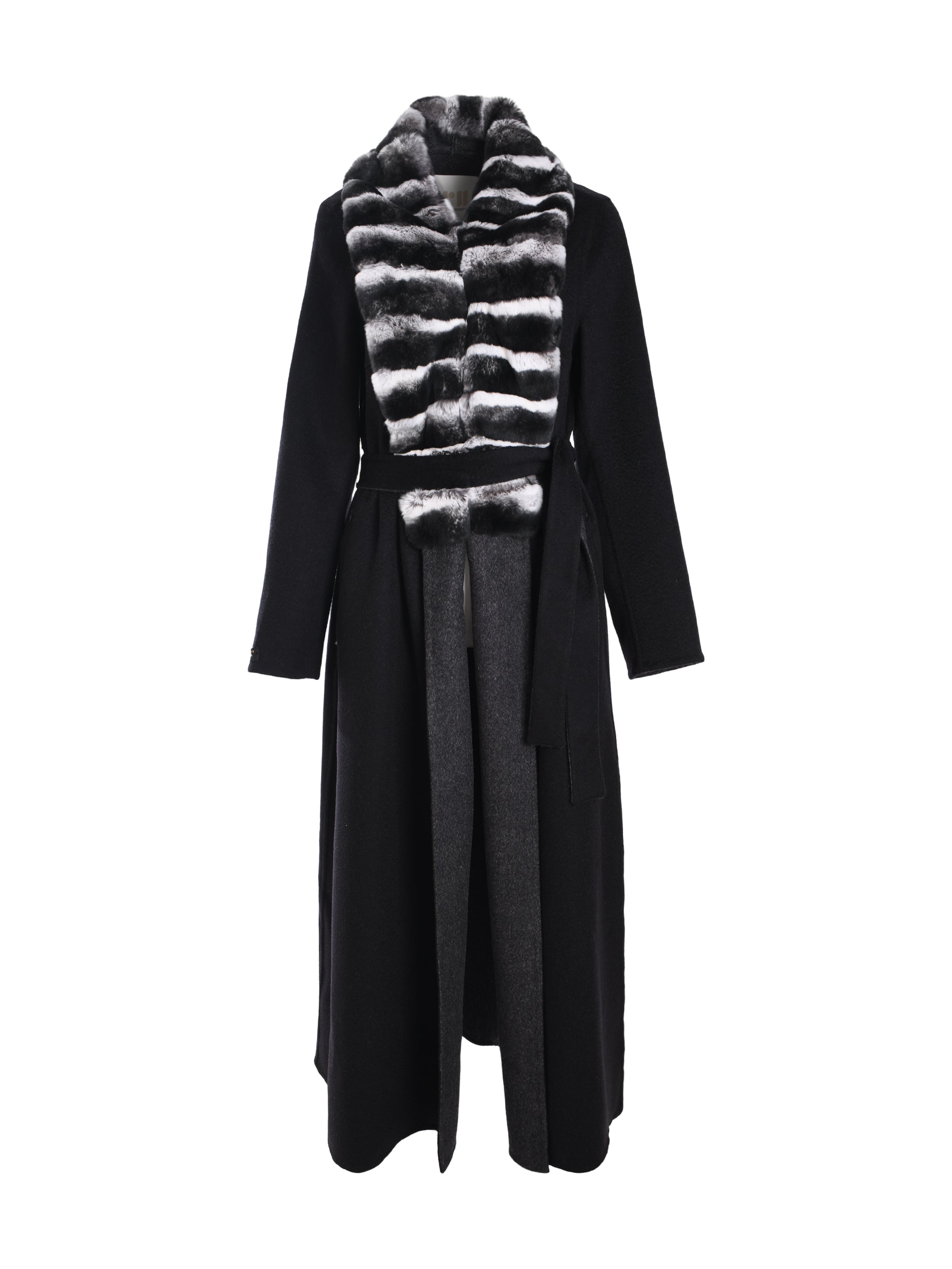 REVERSIBLE LONG DPUBLE FACE COAT ABAYA WITH REX FUR ON COLLAR