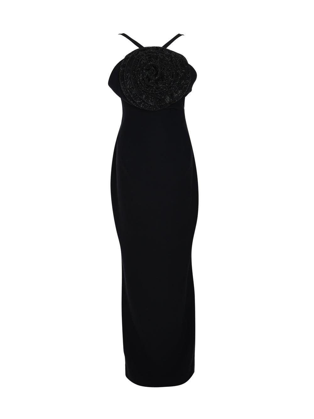 Black crêpe dress with chainmail crystal flower