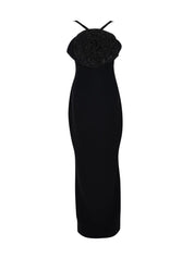 Black crêpe dress with chainmail crystal flower