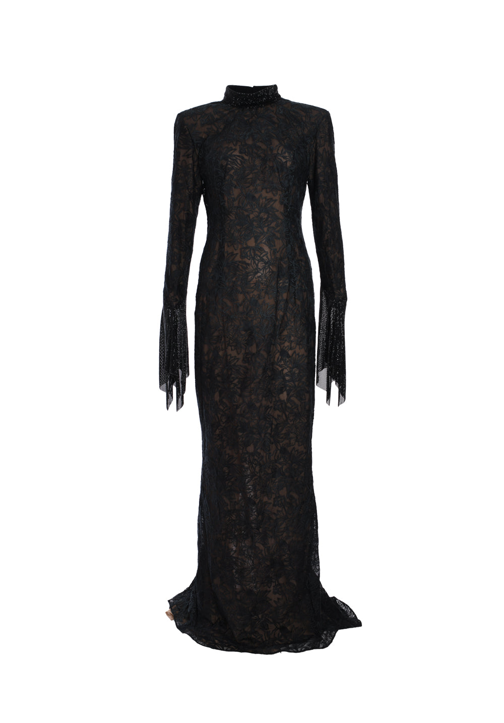 BLACK LACE DRESS ADORNED WITH CAPTIVATING BLACK CRYSTAL CHAINMAIL SLEEVES