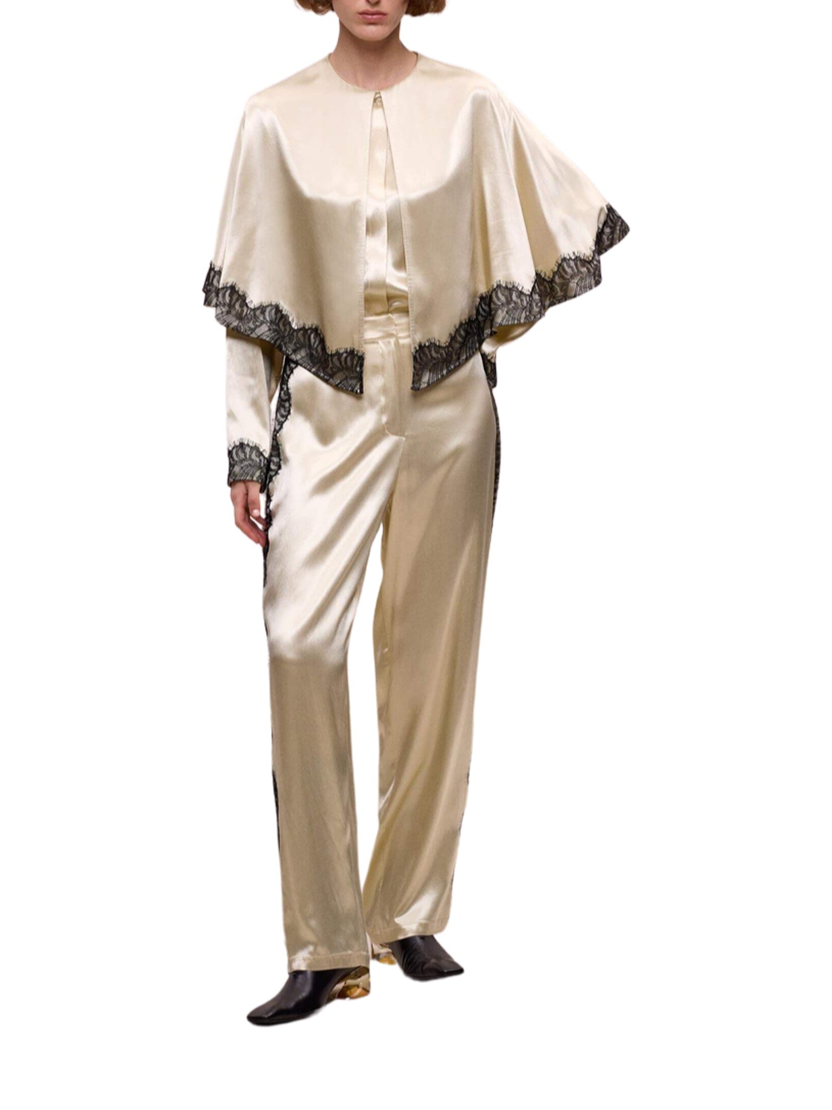 Lace-striped beige trousers