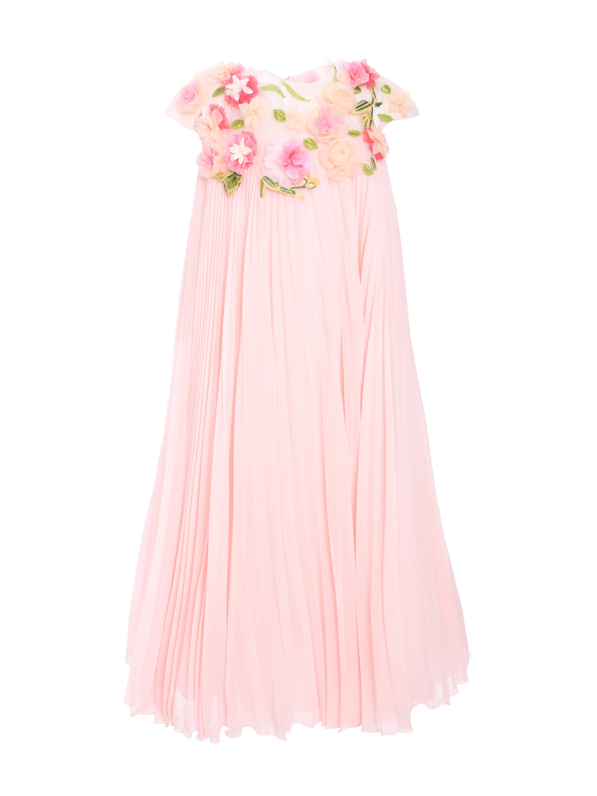 Marchesa Flower-Embellished Pleated Gown