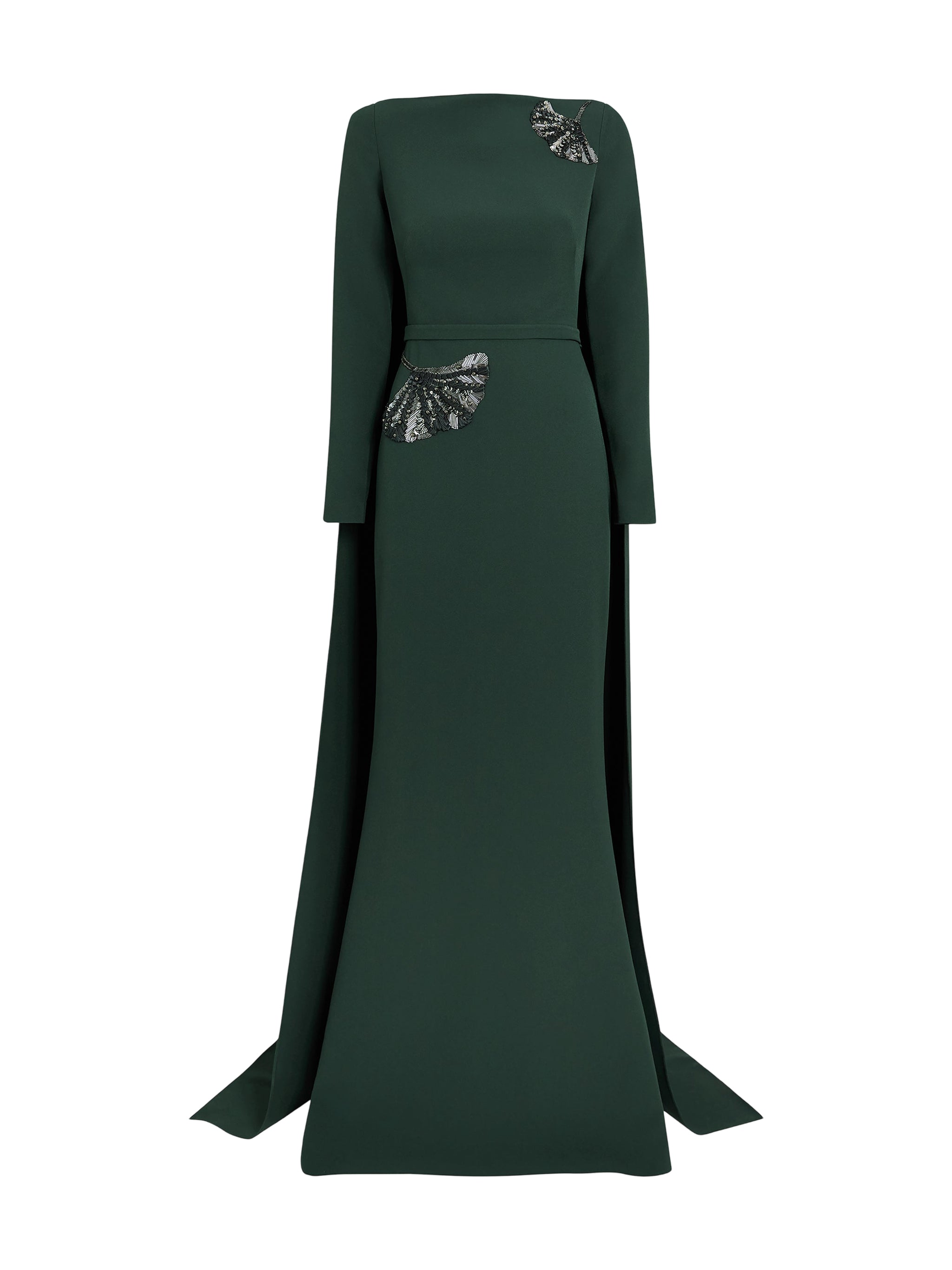 LONG SLEEVE FLOOR LENGTH GOWN WITH SPLIT CAPE