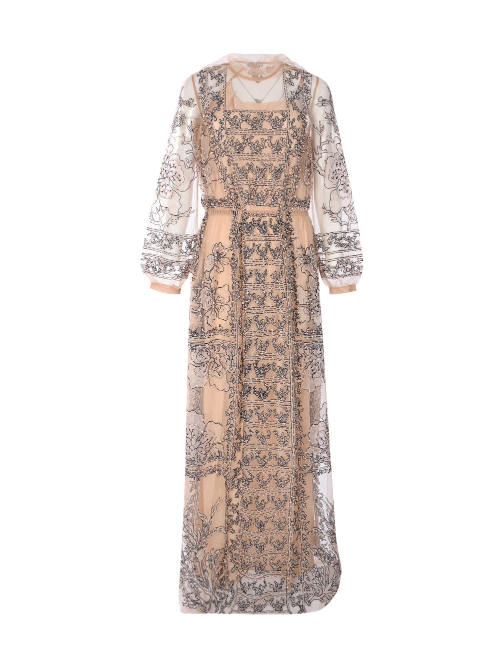 Grisha embroidered and beaded tulle long dress with pussy cat bow