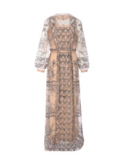 Grisha embroidered and beaded tulle long dress with pussy cat bow