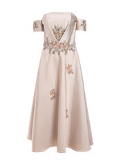 STRAPLESS GOWN WITH EMBROIDERY AROUND THE WAIST AND ON THE BUST WITH PLEATED SKIRT