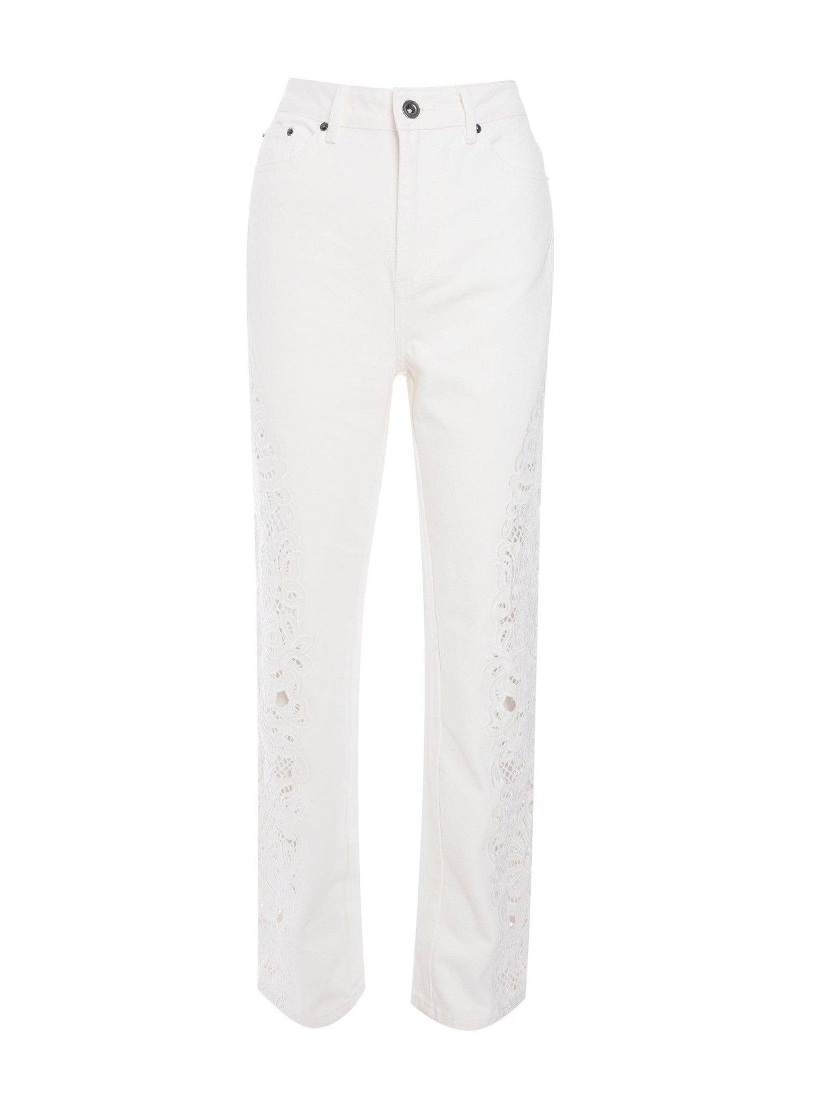White cutwork denim jeans