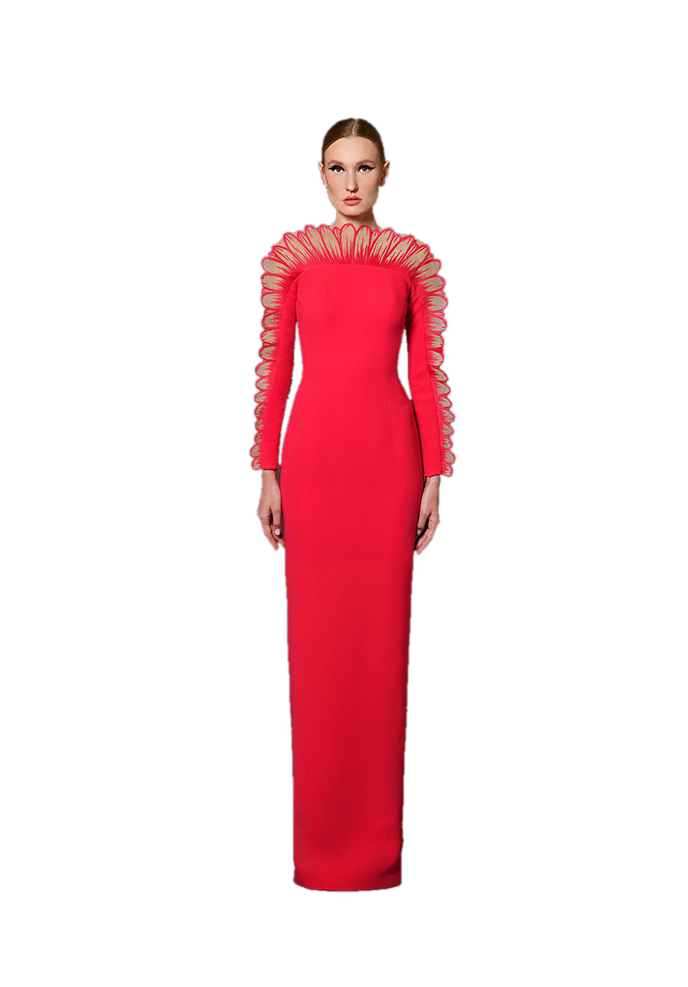 RED CRÊPE DRESS WITH THREAD EMBROIDERED DAISY PETALS FROM NECKLINE TO SLEEVES