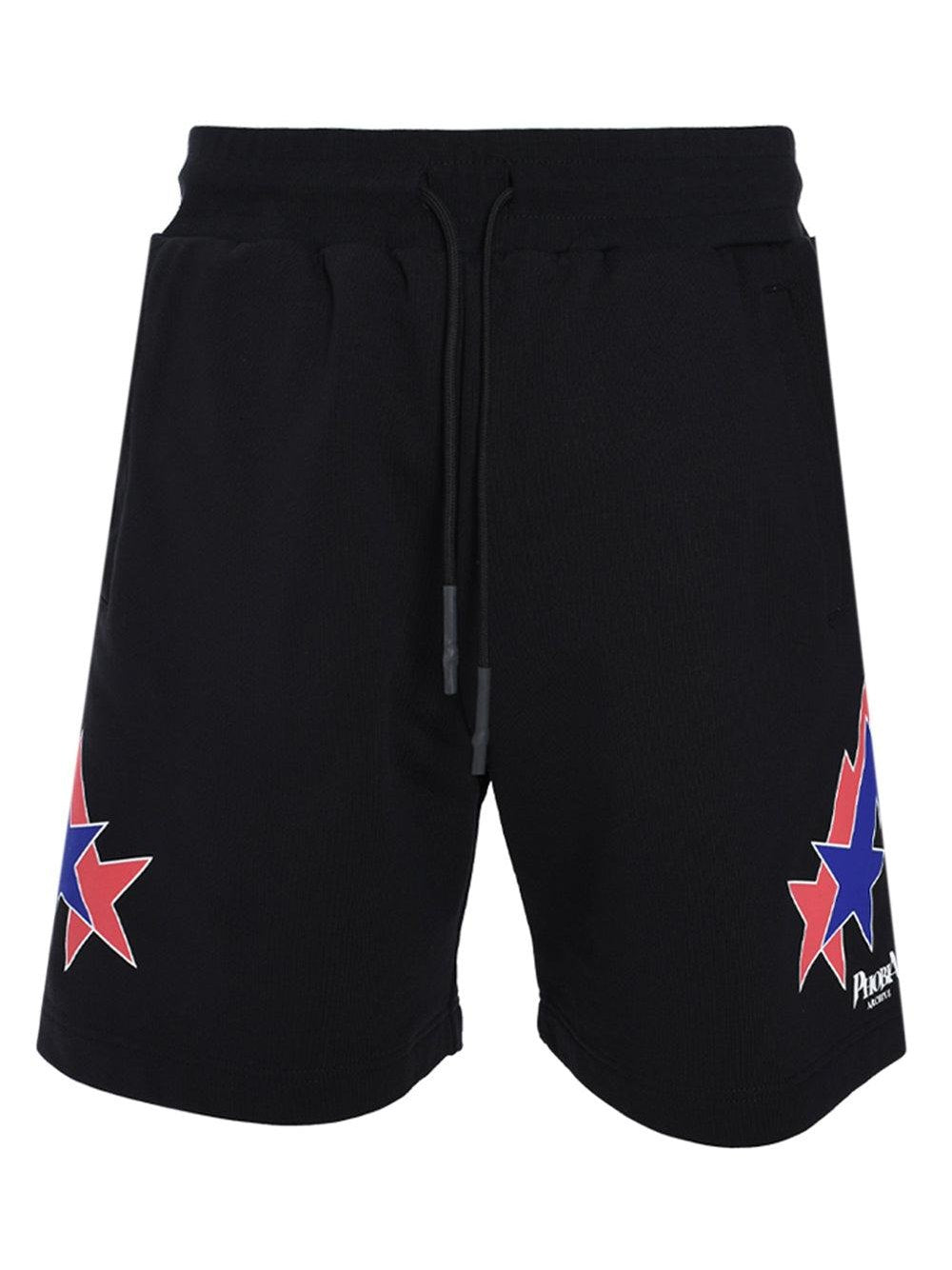 Black shorts with red and blue "starry lightning" print