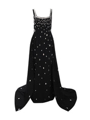 Fully embroidered black dress with overskirt.