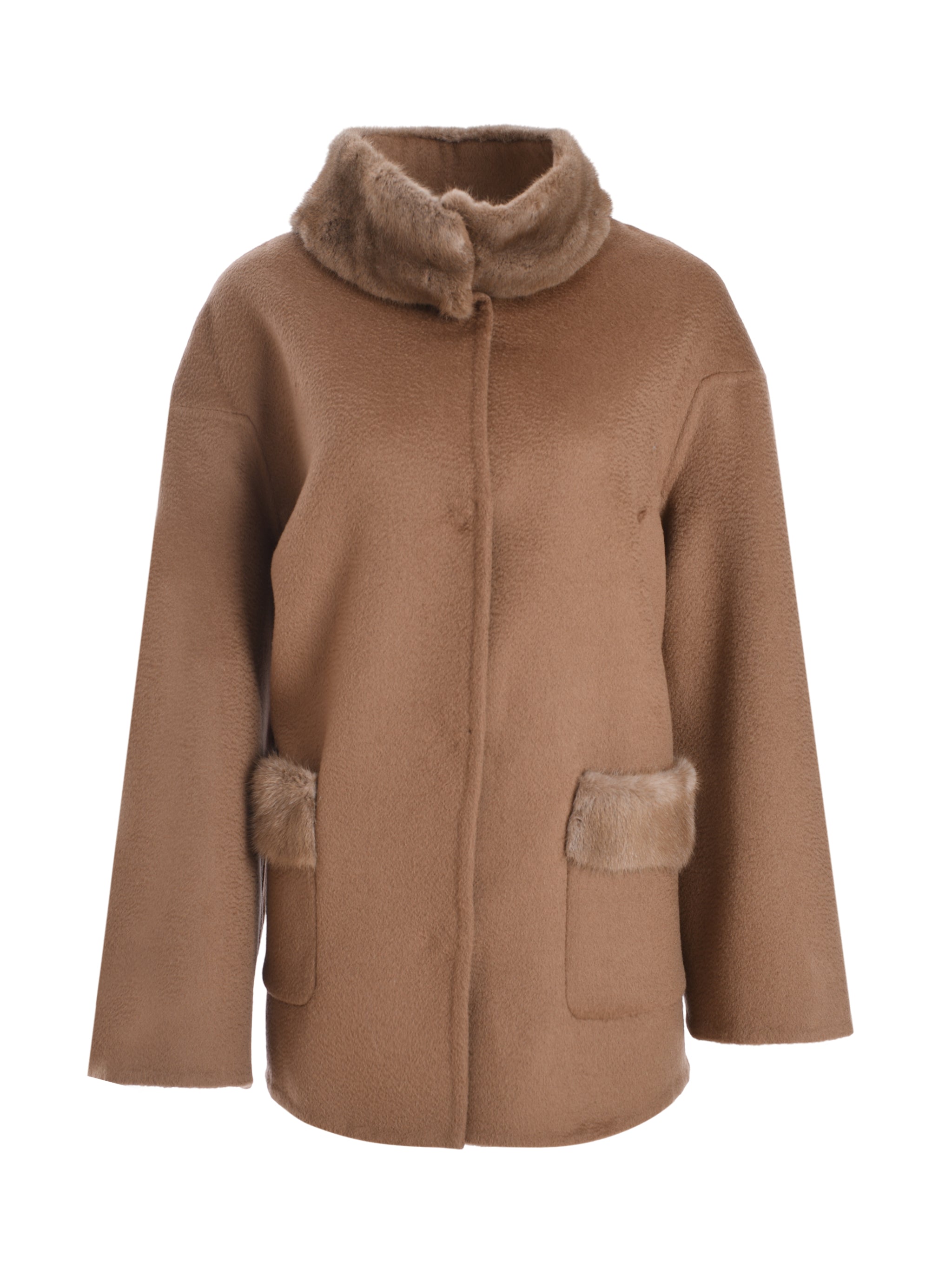 SHORT BROWN COAT WITH FULL MINK FUR ON ITS SIDE PUCKET