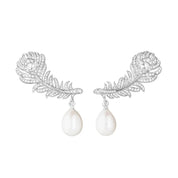Earrings plume de paon in white gold with pearls diamonds