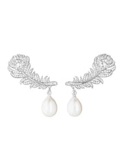 Earrings plume de paon in white gold with pearls diamonds