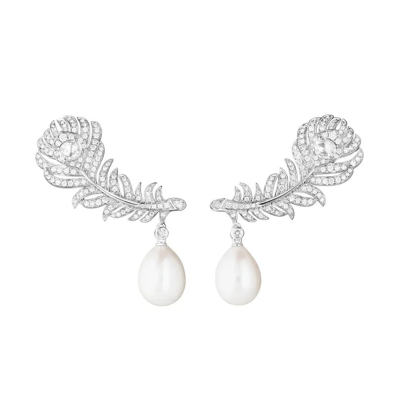 Earrings plume de paon in white gold with pearls diamonds