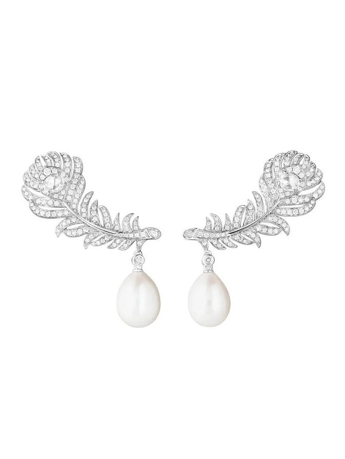 Earrings plume de paon in white gold with pearls diamonds