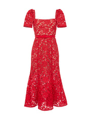 RED FLORAL LACE MIDI DRESS