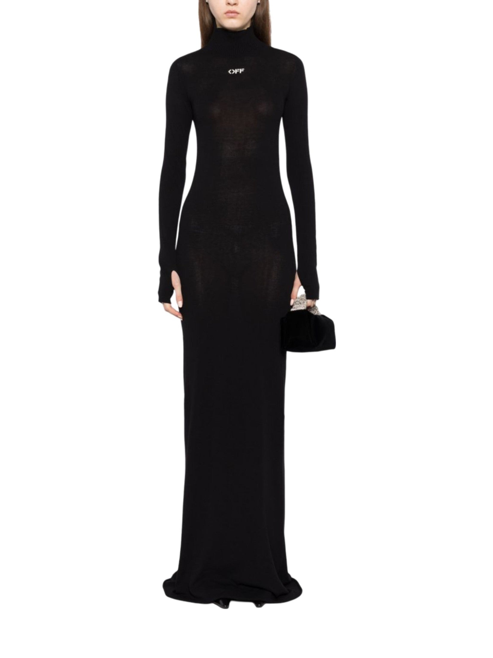 Off stamp slick long dress black white