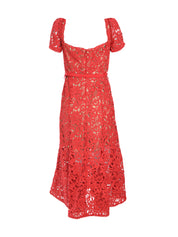 RED FLORAL LACE MIDI DRESS