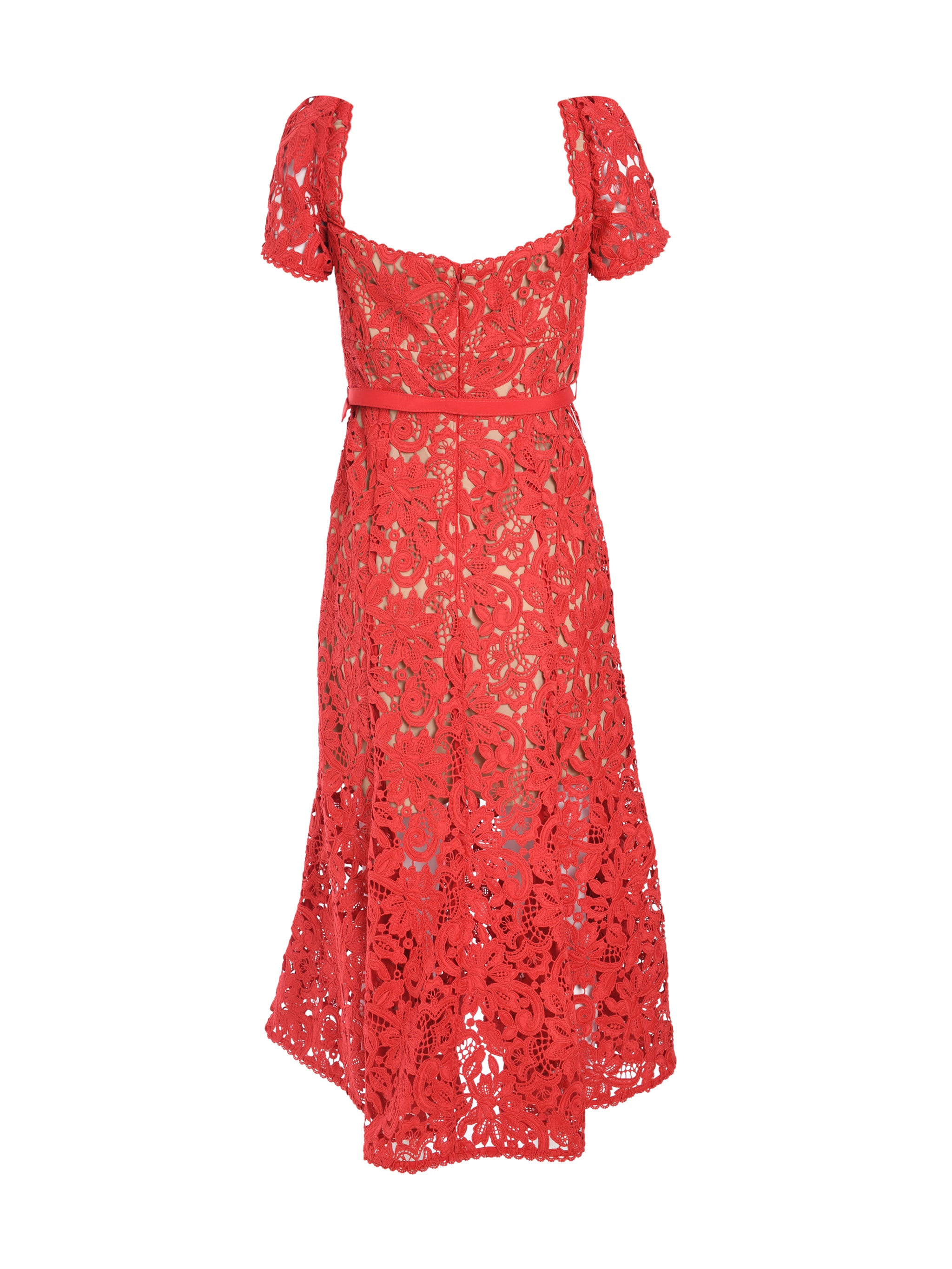 RED FLORAL LACE MIDI DRESS