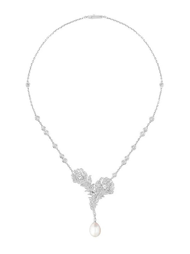 Necklace plume de paon white gold with pearl diamond