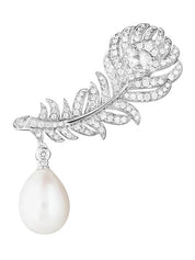 Earrings plume de paon in white gold with pearls diamonds