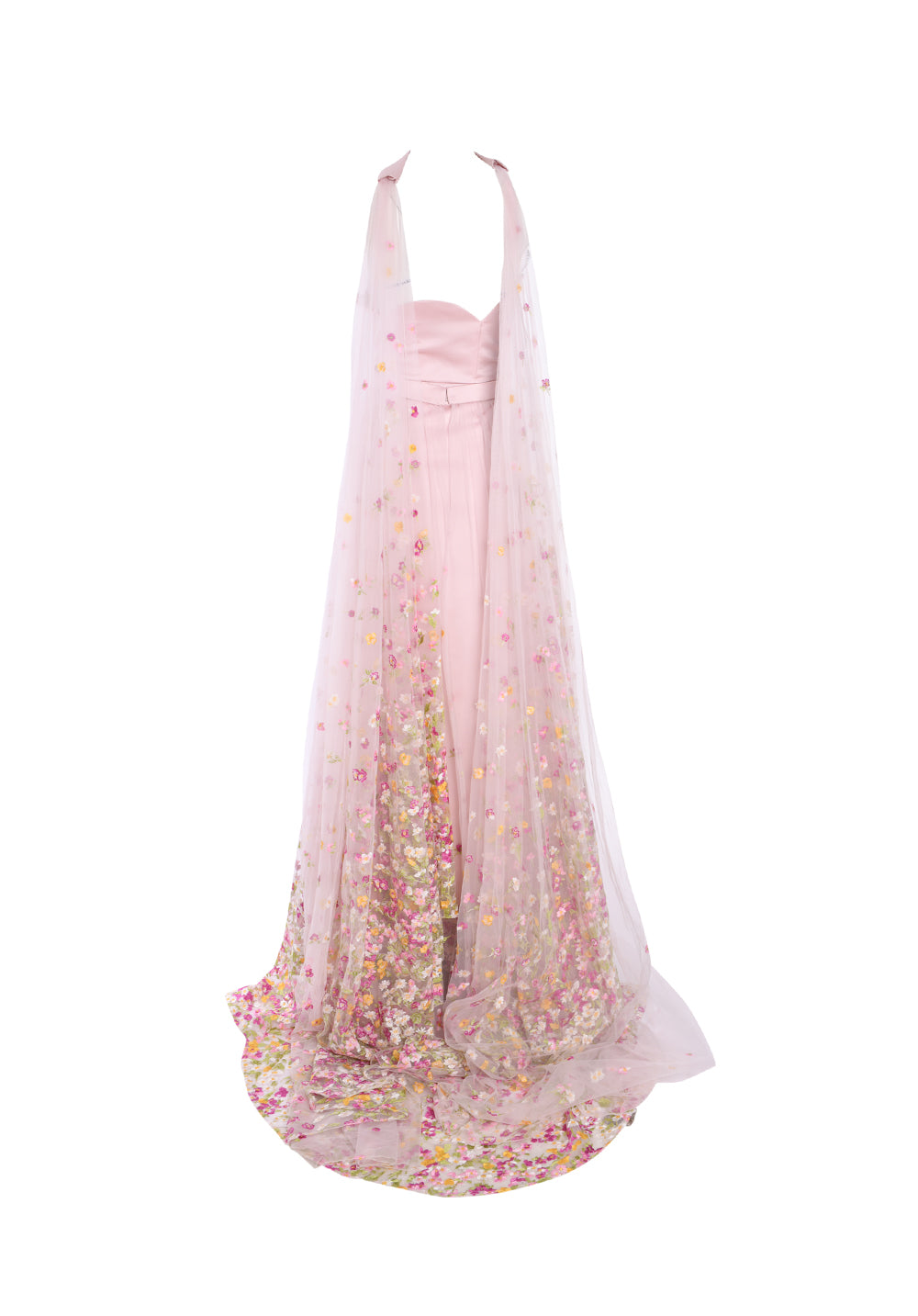 SATIN RADZIMIR DRESS FEATURING A FULLY EMBROIDERED COLORED FLOWERS SKIRT