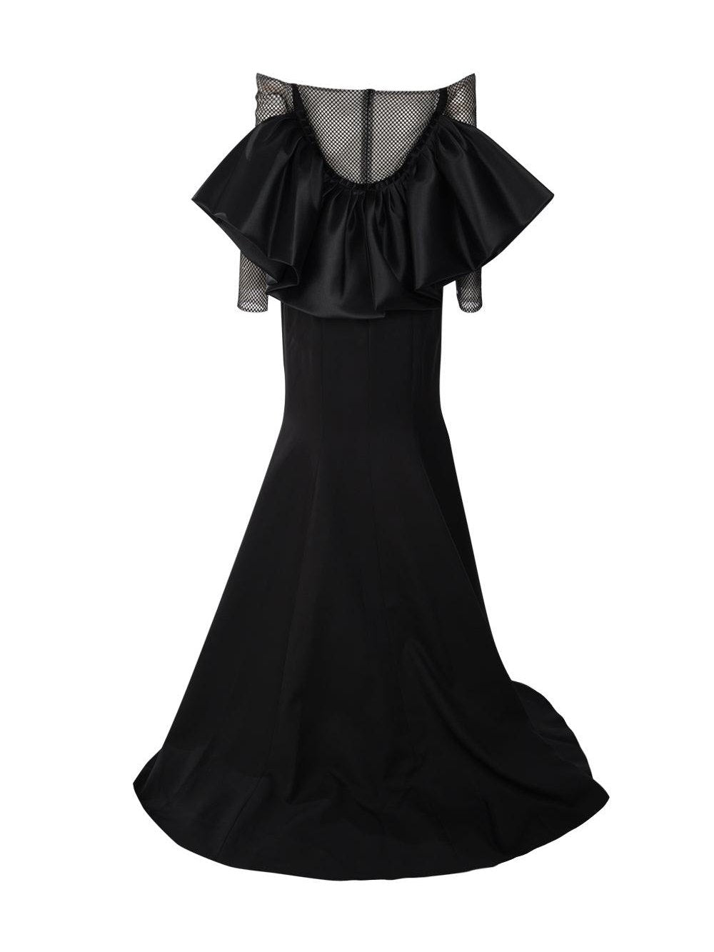 Off shoulder mermaid gown with statement back and rhinestone net seeve and tulle sleeve