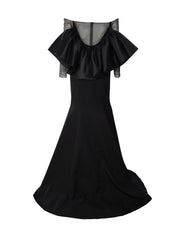 Off shoulder mermaid gown with statement back and rhinestone net seeve and tulle sleeve
