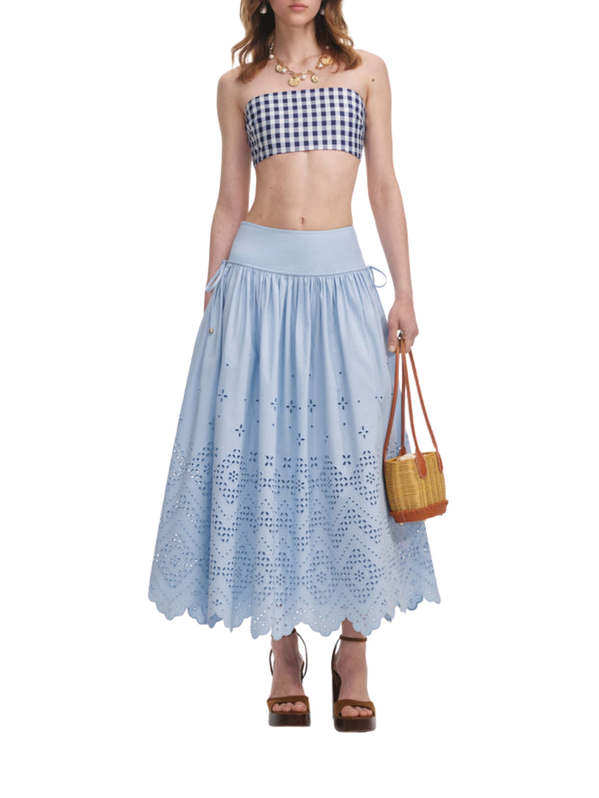 Blue Cotton Broderie Midi Skirt