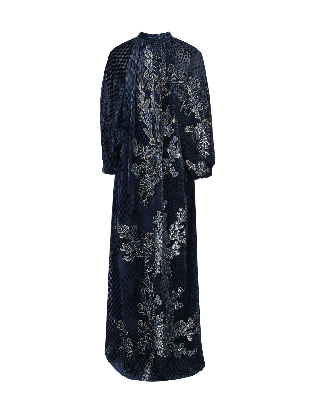 Ganaia mix velvet fil coupé long dress with gold velvet fil coupé
embroidery appliqué