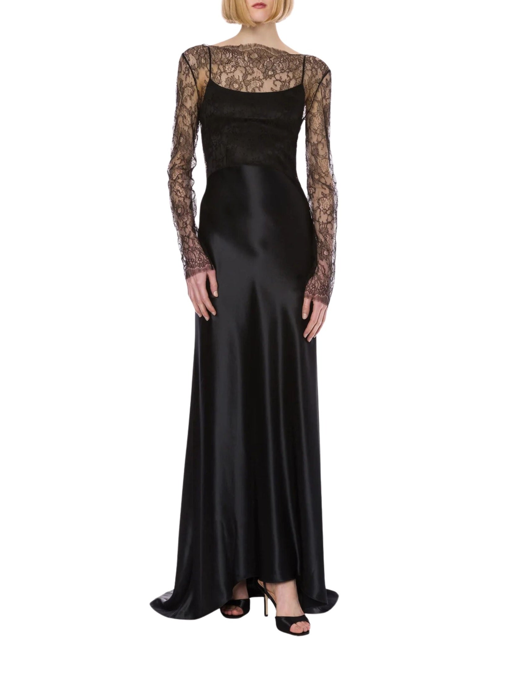 Glossy satin and lace dress