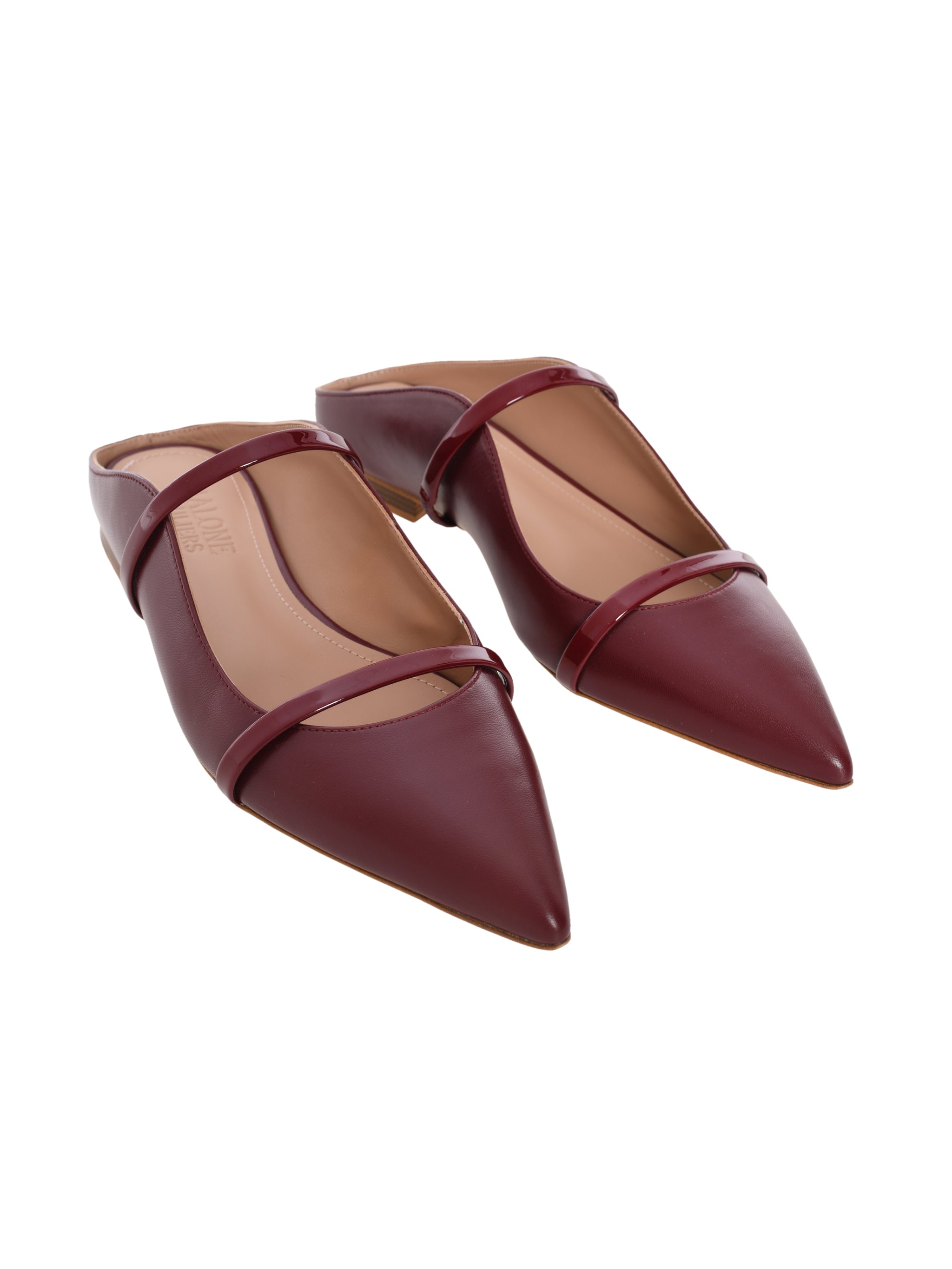 Maureen Flat Red Leather Mules with Patent Leather Straps