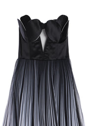 STRAPLESS BLACK SILK SATIN RADZIMIR DRESS WITH FLOWER CUPS FEATURING ORGANZA DAISY PETALS PRINTED SKIRT