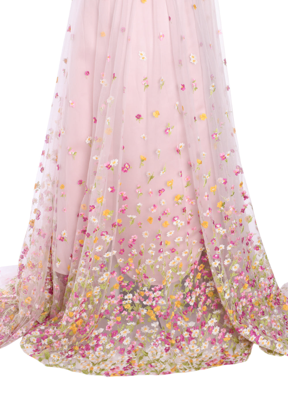 SATIN RADZIMIR DRESS FEATURING A FULLY EMBROIDERED COLORED FLOWERS SKIRT