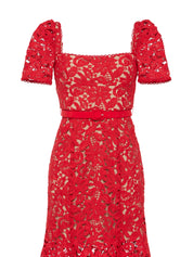 RED FLORAL LACE MIDI DRESS