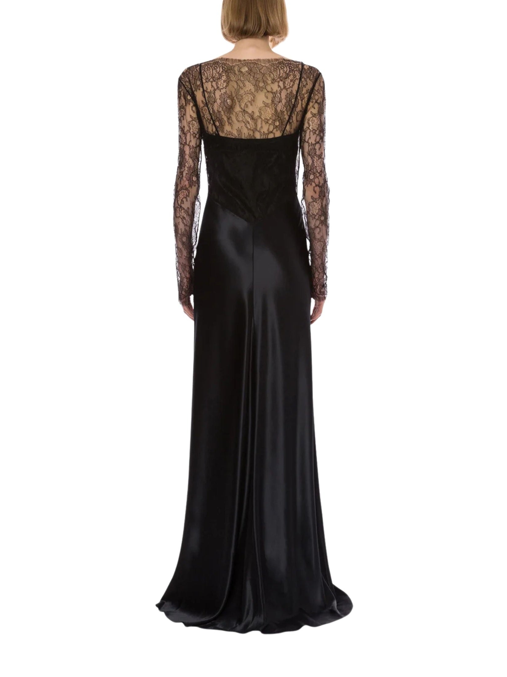Glossy satin and lace dress