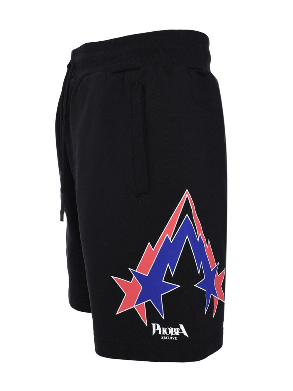Black shorts with red and blue "starry lightning" print