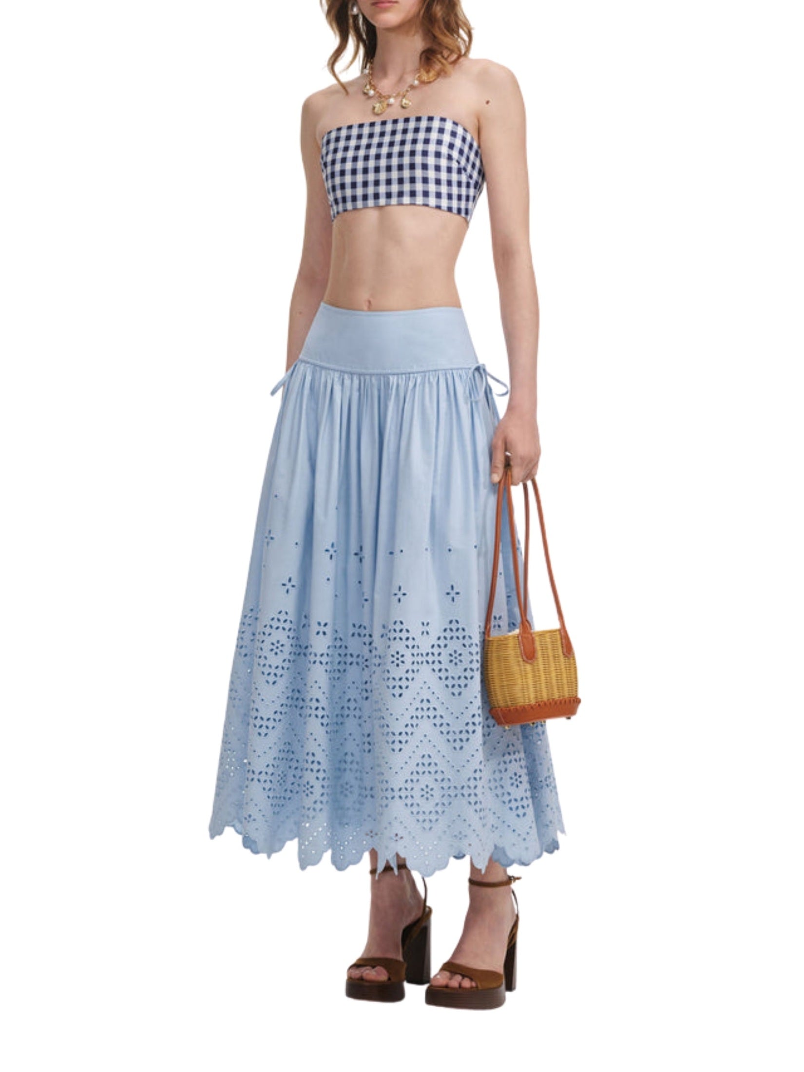 Blue cotton broderie midi skirt