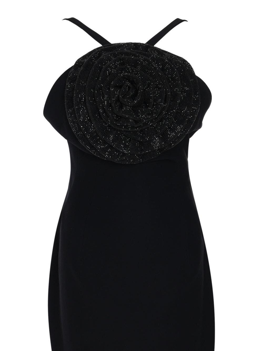 Black crêpe dress with chainmail crystal flower