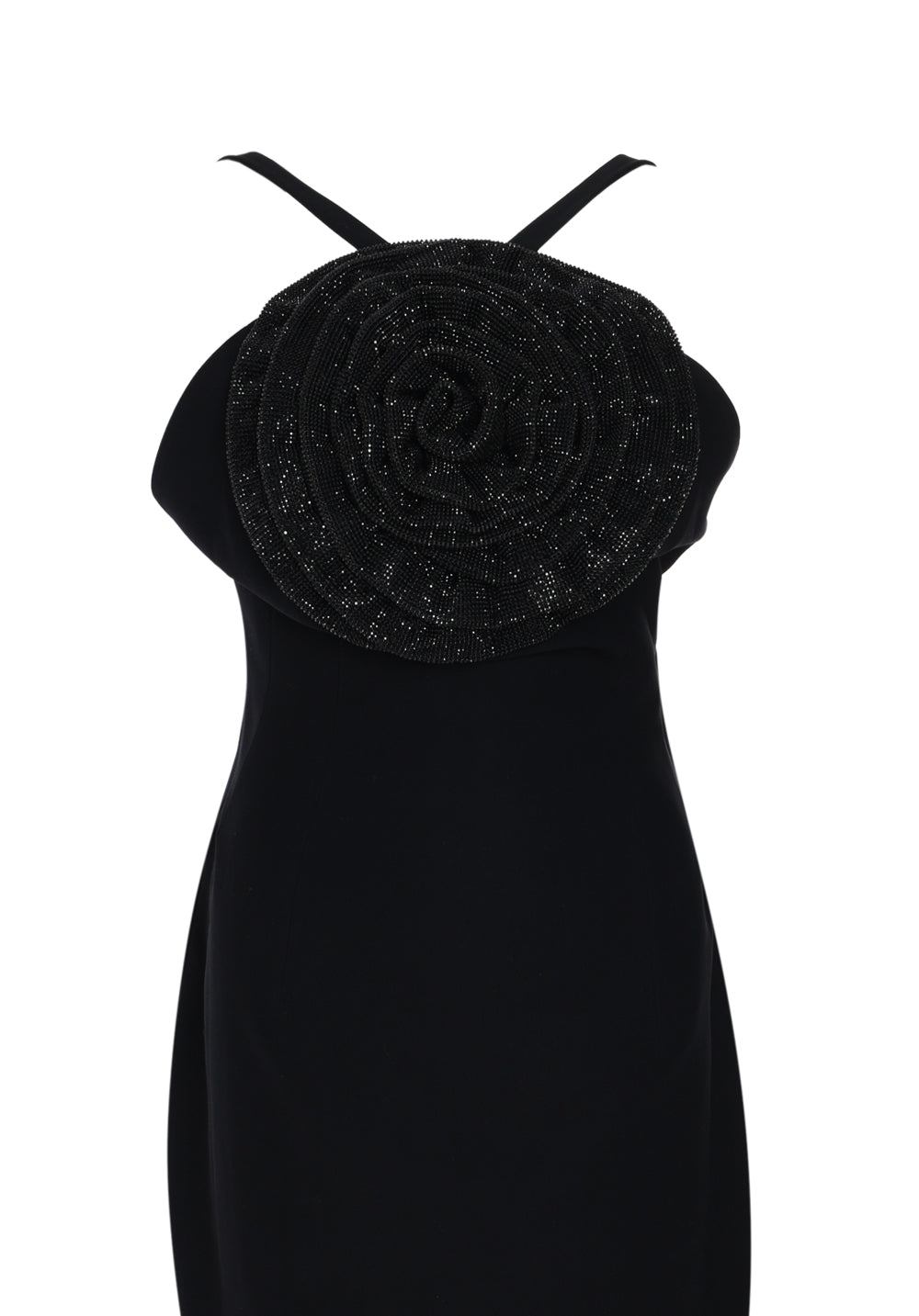 BLACK CRÊPE DRESS WITH CHAINMAIL CRYSTAL FLOWER