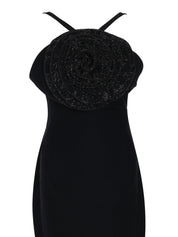 Black crêpe dress with chainmail crystal flower
