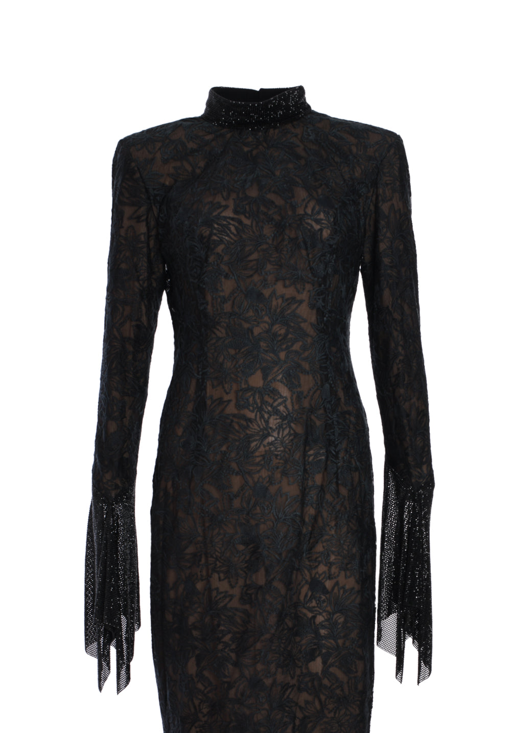 BLACK LACE DRESS ADORNED WITH CAPTIVATING BLACK CRYSTAL CHAINMAIL SLEEVES