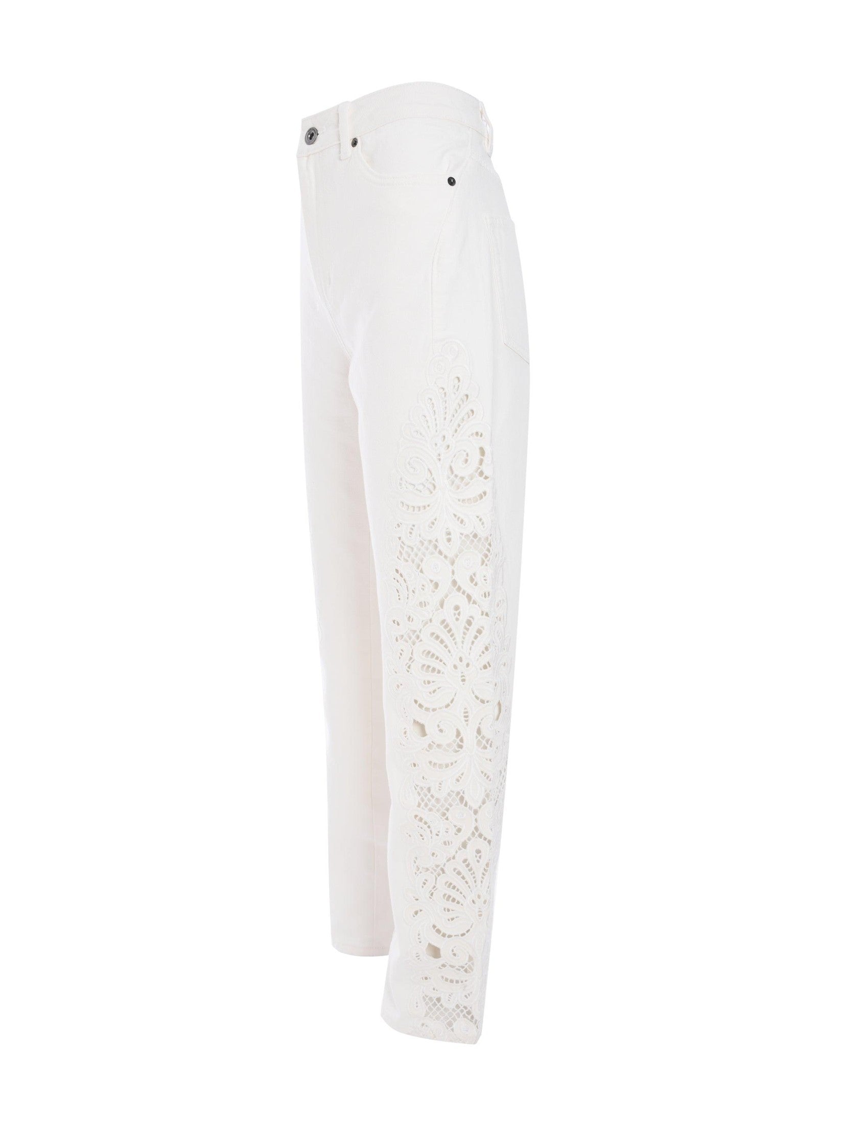 White cutwork denim jeans
