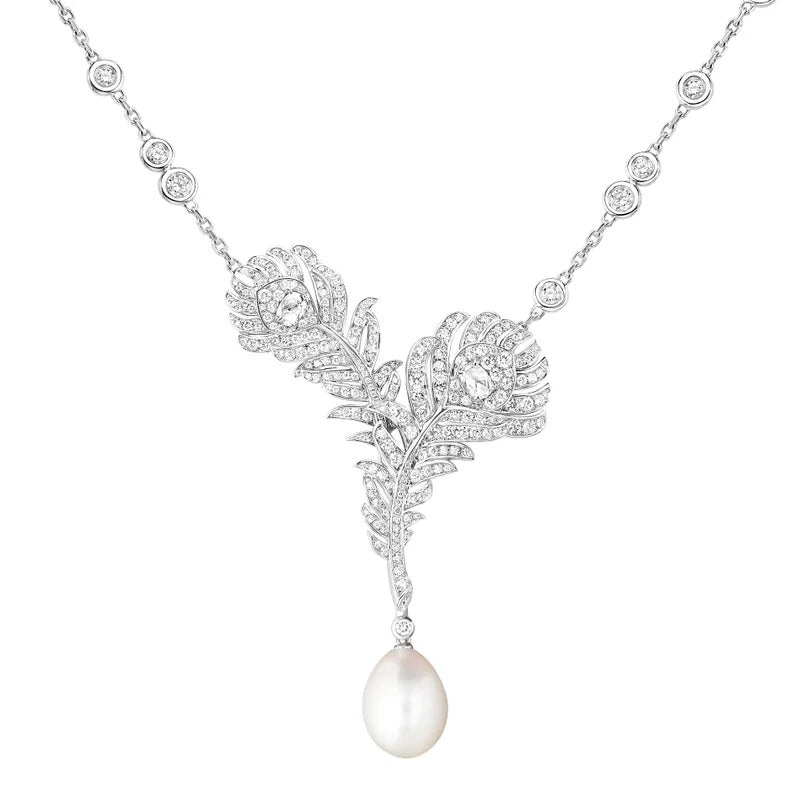 Necklace plume de paon white gold with pearl diamond