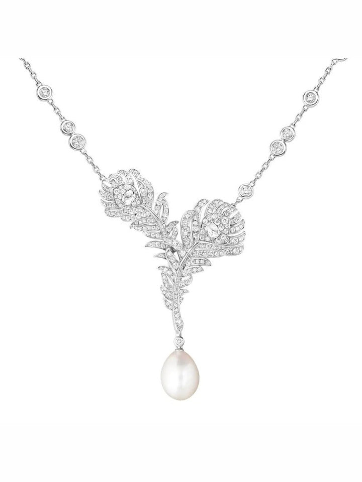 Necklace plume de paon white gold with pearl diamond