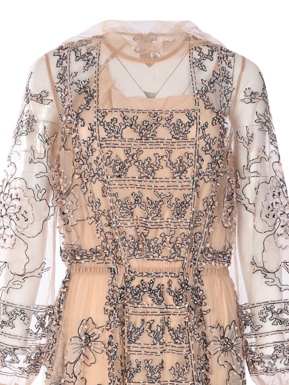 Grisha embroidered and beaded tulle long dress with pussy cat bow