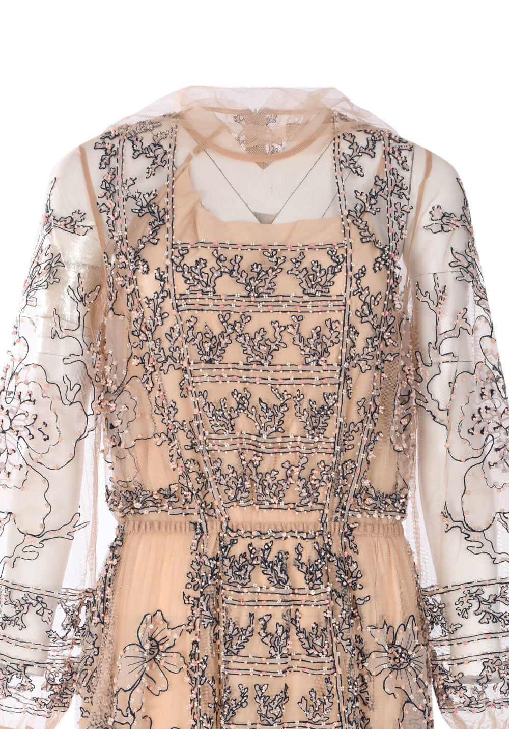 GRISHA EMBROIDERED AND BEADED TULLE LONG DRESS WITH PUSSY CAT BOW