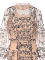 Grisha embroidered and beaded tulle long dress with pussy cat bow