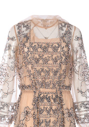 GRISHA EMBROIDERED AND BEADED TULLE LONG DRESS WITH PUSSY CAT BOW