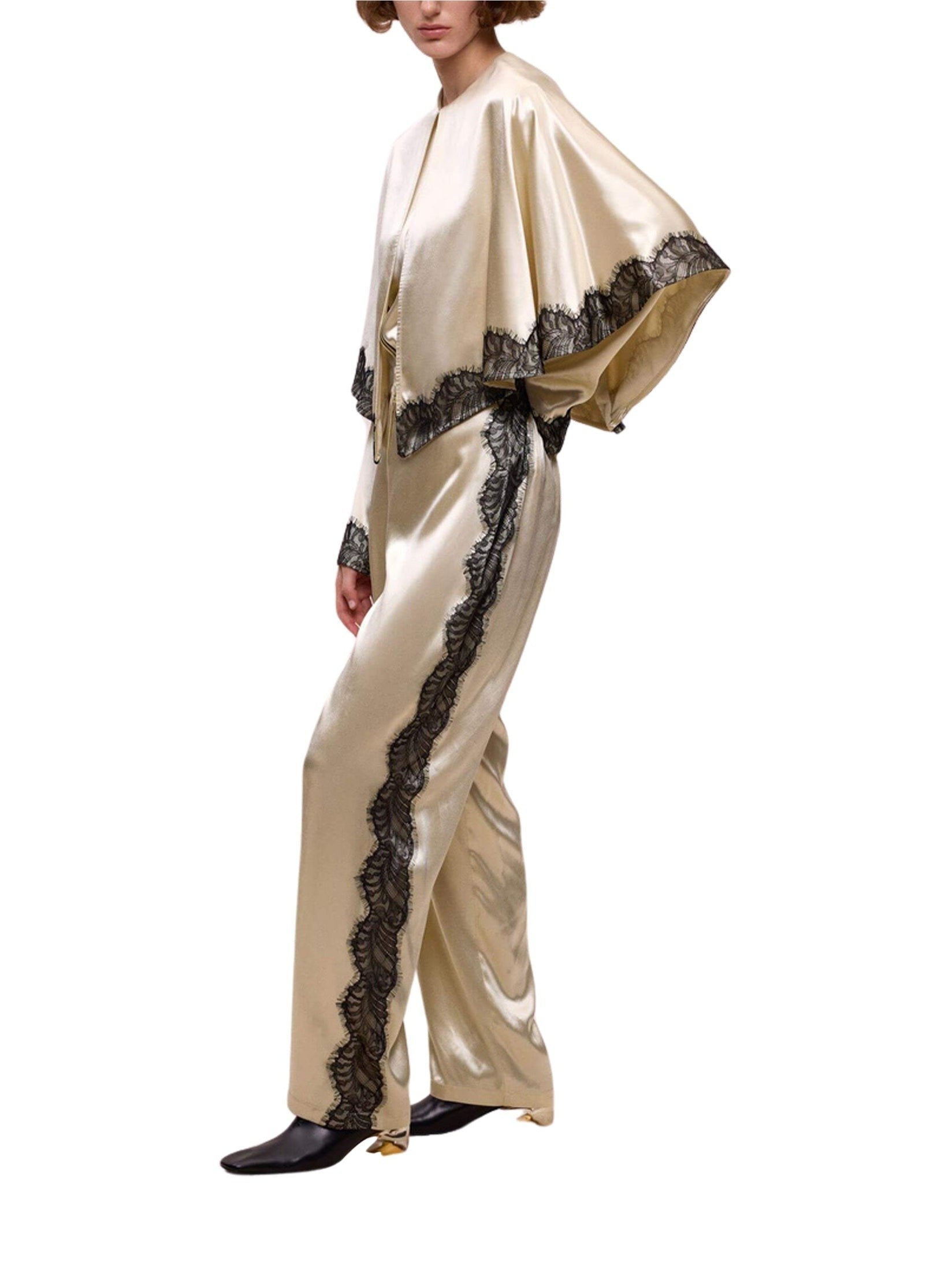 Lace-striped beige trousers